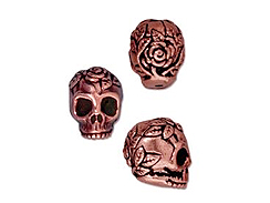10 - TierraCast Pewter BEAD Rose Skull Vertical Hole Antique Copper Plated