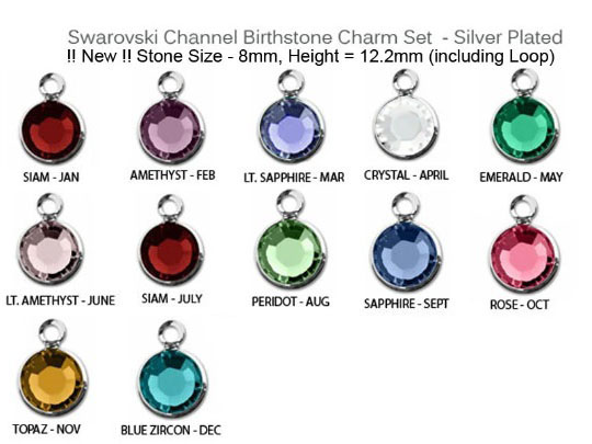 60pc Set of Swarovski <b>Silver Plated</b> Birthstone Channel Charms, 12 x 9mm