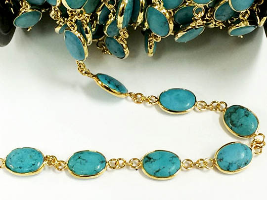 Turquoise Howlite Bezel Connector Rosary Chain, Gold Plated