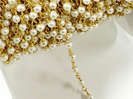 4mm White Cream Glass Pearl Wire Wrapped Chain by foot, Gold Plated