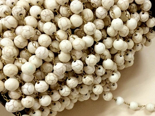 10mm White Ivory Howlite Rosary Chain by foot, Antique Gold wire