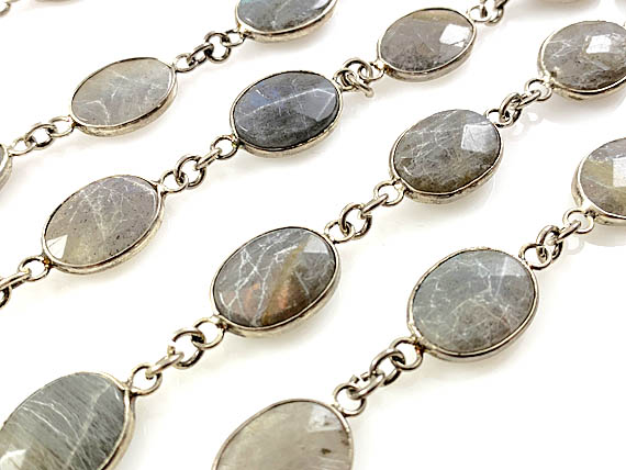 Xmm faceted natural oval Labodorite wire wrapped chain, Silver Plated