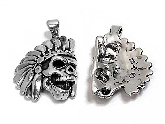 Indian Head Skull with Headress Sterling Silver Charm