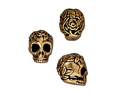 10 - TierraCast Pewter BEAD Rose Skull Vertical Hole Antique Gold Plated