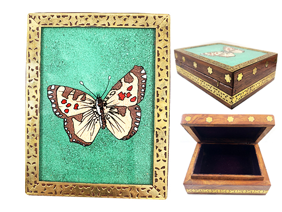 Vintage Gemstone Powder Brass Inlay Indian Jewelry Trinket Wooden Box - Brown Butterfly