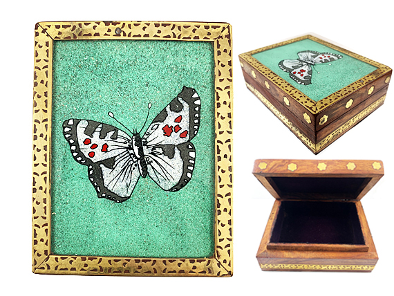 Vintage Gemstone Powder Brass Inlay Indian Jewelry Trinket Wooden Box - Grey Butterfly