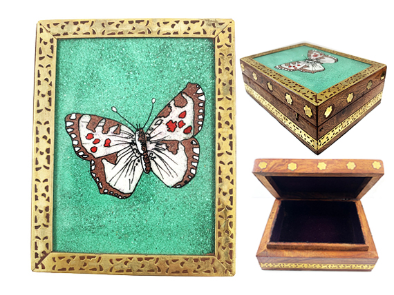 Vintage Gemstone Powder Brass Inlay Indian Jewelry Trinket Wooden Box - Light Brown Butterfly