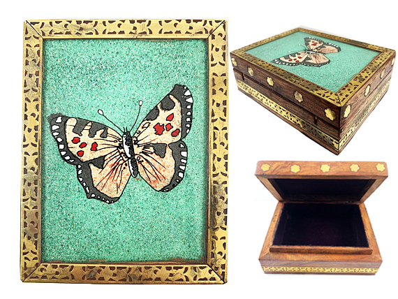 Vintage Gemstone Powder Brass Inlay Indian Jewelry Trinket Wooden Box - Orange Butterfly