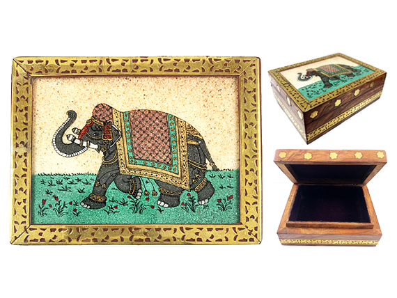 Vintage Gemstone Powder Brass Inlay Indian Jewelry Trinket Wooden Box - Left - Brown Elephant