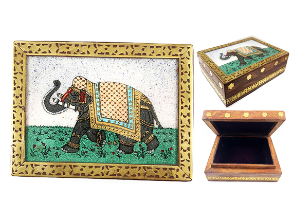 Vintage Gemstone Powder Brass Inlay Indian Jewelry Trinket Wooden Box - Left - Orange Elephant