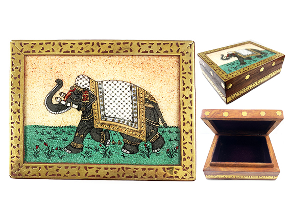 Vintage Gemstone Powder Brass Inlay Indian Jewelry Trinket Wooden Box - Left - White Elephant