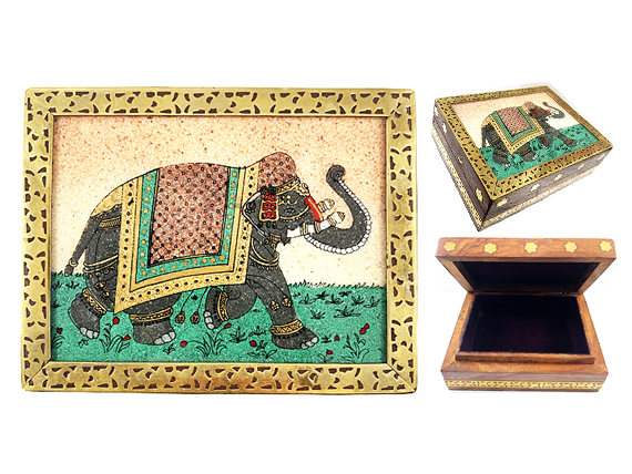 Vintage Gemstone Powder Brass Inlay Indian Jewelry Trinket Wooden Box - Right - Brown Elephant