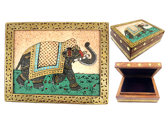 Vintage Gemstone Powder Brass Inlay Indian Jewelry Trinket Wooden Box - Right - Orange Elephant