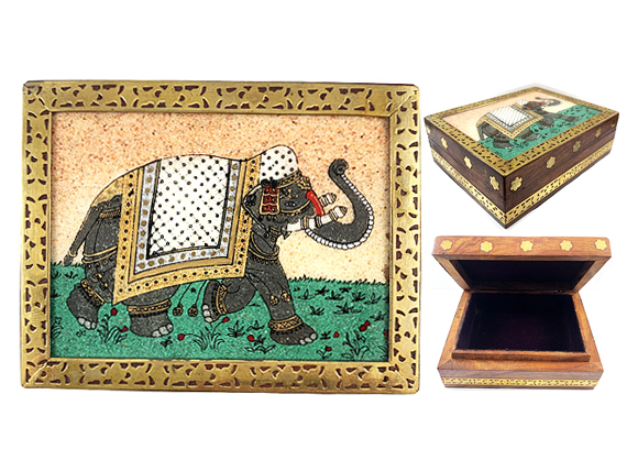 Vintage Gemstone Powder Brass Inlay Indian Jewelry Trinket Wooden Box - Right - White Elephant