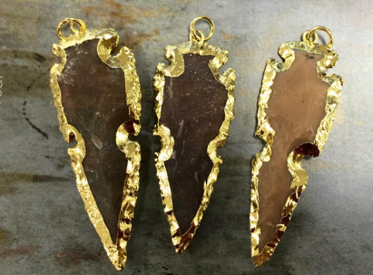 Jasper Arrowhead, Skinny Gold edged, Hand made Pendant 2-2.5 inch Approx, electroformed layered plating