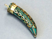 Turquoise and Gold Tibetan Mosiac Brass Horn Tusk Amulet Pendant Large 3.5-inch