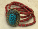 Tibetan Bracelet Turquoise Lapis Inlay Coral Red Beads 2.5-inch Center piece