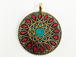 Tibetan Pendant Turquoise Coral Inlay 2-inch Gold Brass Plated - TP13
