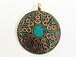 Tibetan Pendant Turquoise Coral Inlay 2-inch Gold Brass Plated - TP30